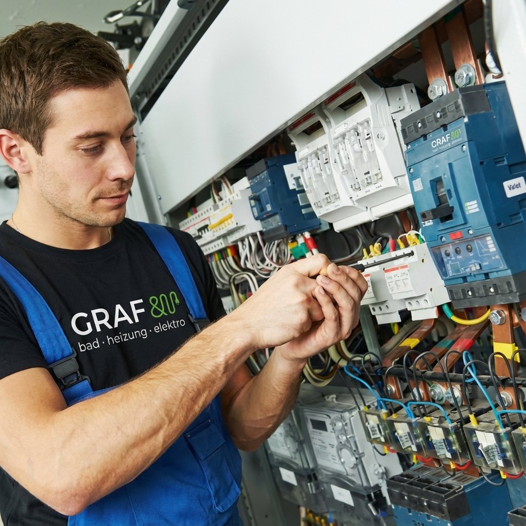 Ein Elektriker in blauer Latzhose und schwarzem T-Shirt mit Aufschrift "GRAF & bad • heizung • elektro" schraubt konzentriert mit einem Schraubendreher an einem offenen Stromverteilerkasten mit vielen Kabeln und Sicherungen.