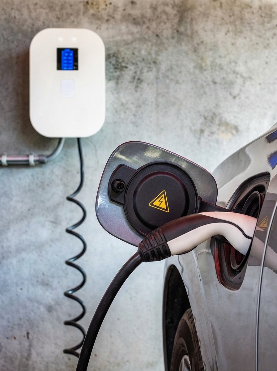 Eine weiße Graf Wallbox mit blauem Display ist an einer grauen Betonwand montiert. Ein schwarzes Ladekabel führt von der Wallbox zum geöffneten Ladeanschluss eines grauen Elektroautos, der ein gelbes Dreieck-Warnsymbol zeigt.