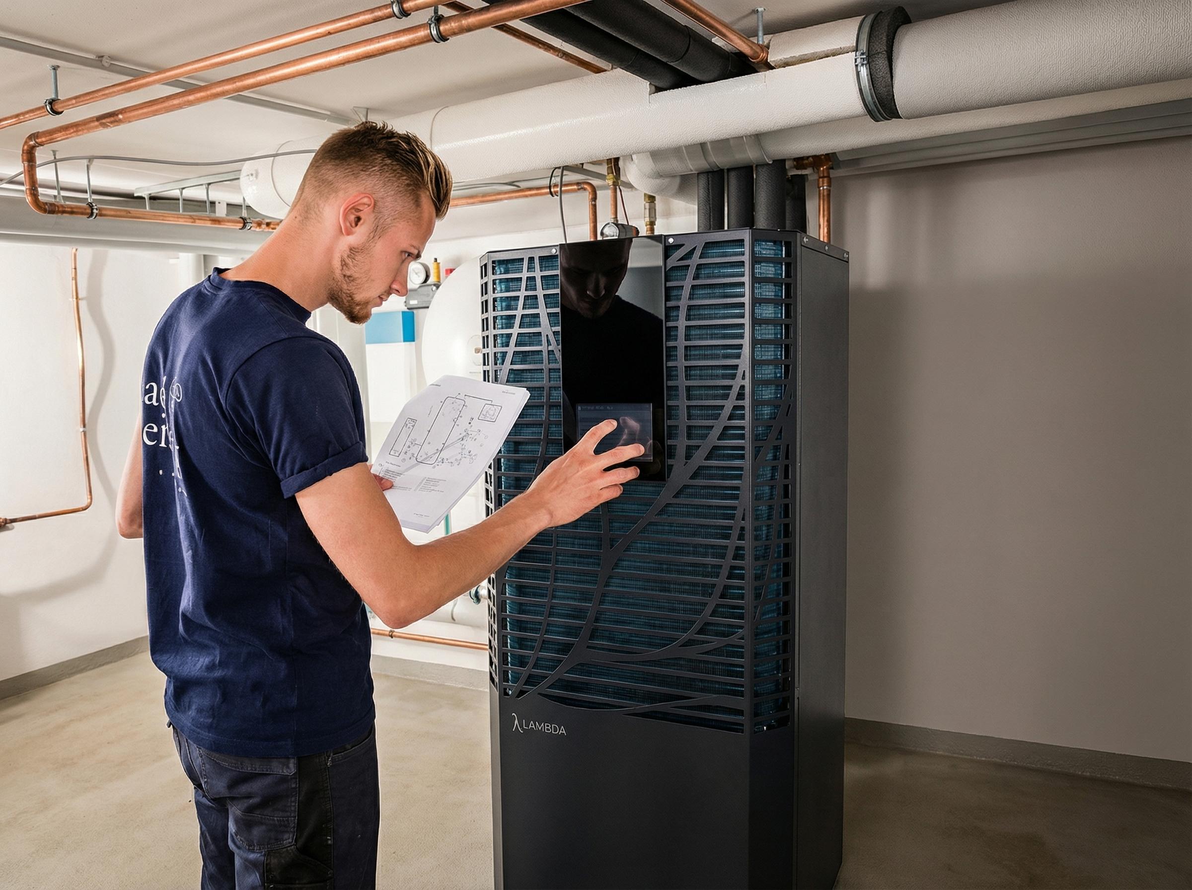 Junger Mann im blauen T-Shirt studiert Baupläne, während er ein schwarzes Heiz- oder Lüftungsgerät mit Lamellengitter und blaugrünen Kühlrippen berührt. Im Hintergrund sind Kupferrohre und isolierte Rohre an der Decke sichtbar.