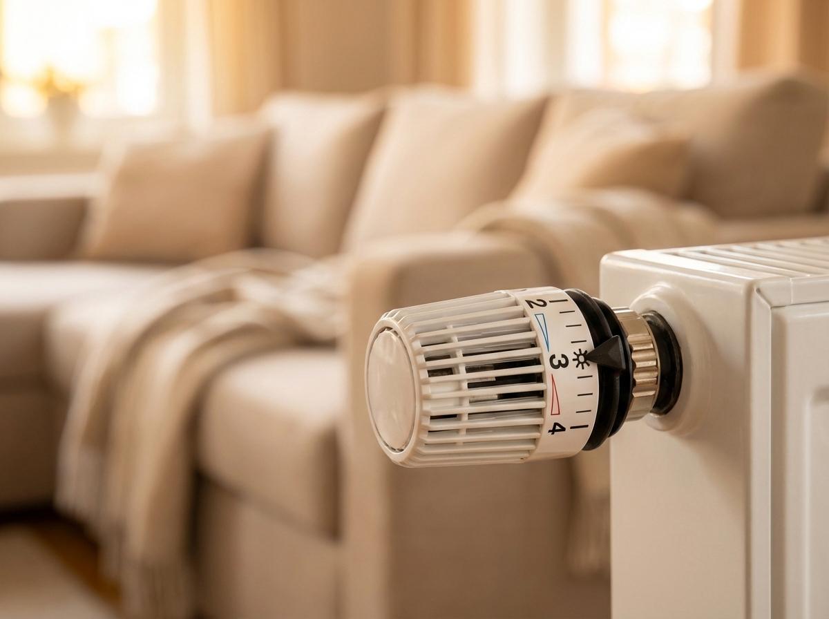 Nahaufnahme eines weißen Heizkörperthermostats, das auf Stufe 3 und das Sonnensymbol eingestellt ist. Im unscharfen Hintergrund befindet sich ein hellbeiges Ecksofa mit einer beigefarbenen Decke in einem warm beleuchteten Wohnzimmer.