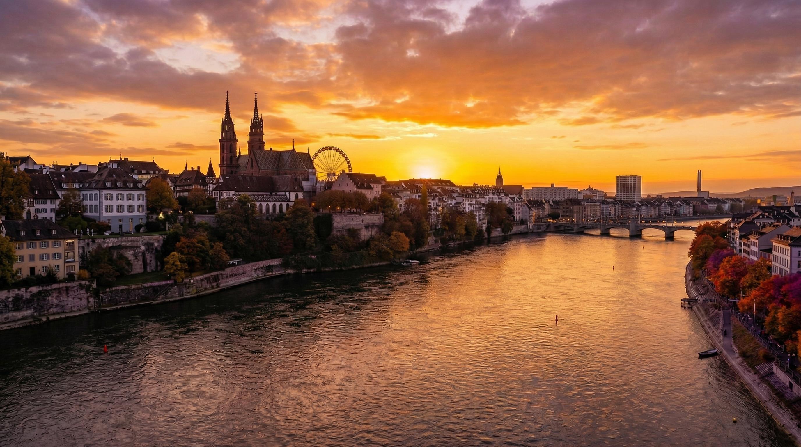 Uferpromenade der Stadt Basel bei Sonnenuntergang, mit dem Rhein im Vordergrund, der das orangefarbene Himmelslicht reflektiert. Links das Basler Münster mit seinen zwei Türmen, dahinter ein Riesenrad. Am rechten Ufer sind Gebäude und Bäume mit herbstlicher Laubfärbung sichtbar. Im Hintergrund erheben sich Industrieanlagen mit rauchenden Schornsteinen und eine Brücke über den Fluss.