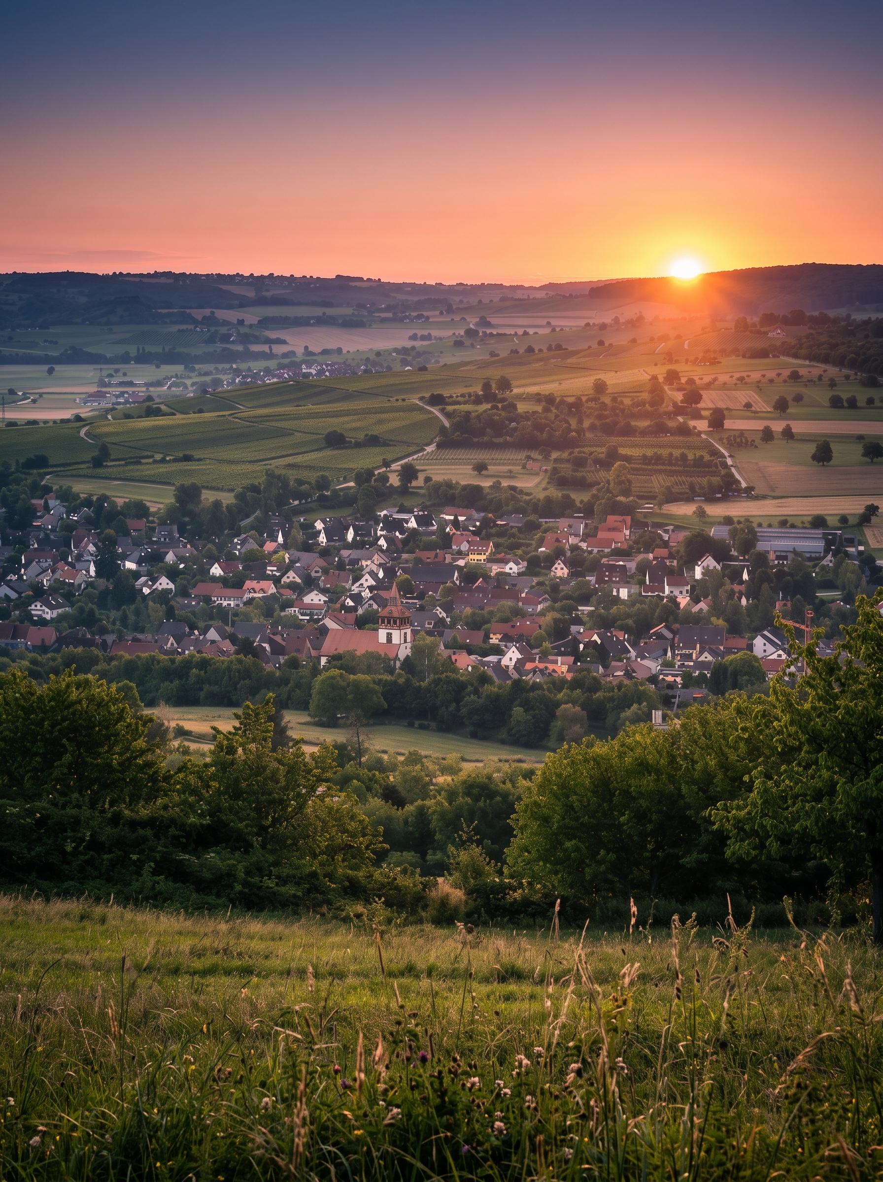 Panoramablick auf das Dorf Binzen in einer ländlichen Landschaft bei Sonnenuntergang. Der orangefarbene Himmel beleuchtet die sanften Hügel, grünen Felder und Weinberge. Im Zentrum des Bildes sind zahlreiche Häuser mit roten Dächern und ein markanter Kirchturm zu sehen. Im Vordergrund erstreckt sich eine grüne Wiese mit hohen Gräsern und vereinzelten Bäumen. Graf Bad und Heizung Binzen befindet sich in dieser wunderschönen Region.