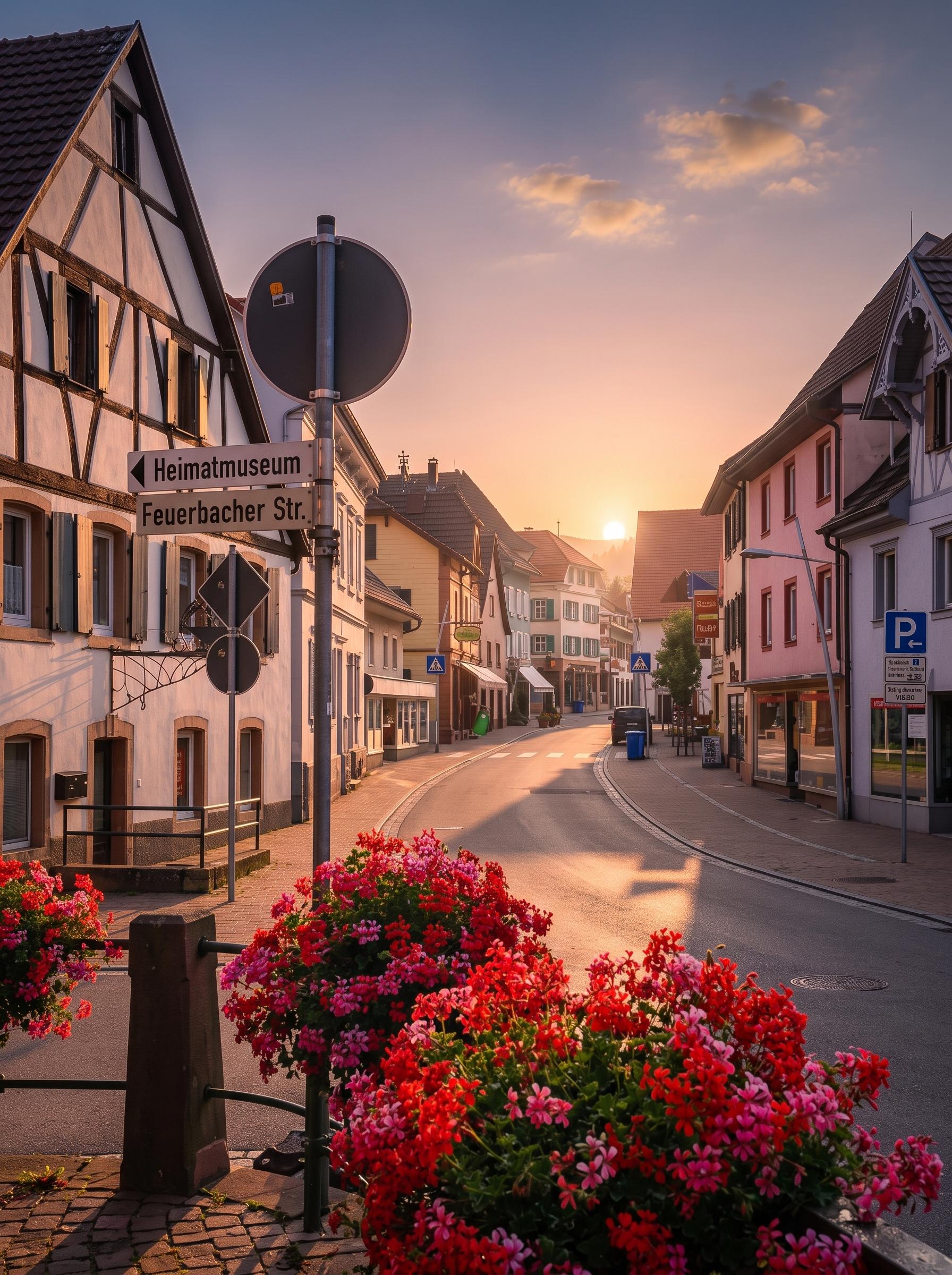 Goldene Abendsonne über der Feuerbacher Straße in Kandern, mit historischen Fachwerkhäusern, blühenden roten und rosa Geranien in Blumenkästen und einem Straßenschild, das auf das Heimatmuseum zeigt. Die Szene zeigt die idyllische Atmosphäre der Stadt Kandern, wo Graf Bad und Heizung Kandern ansässig ist.
