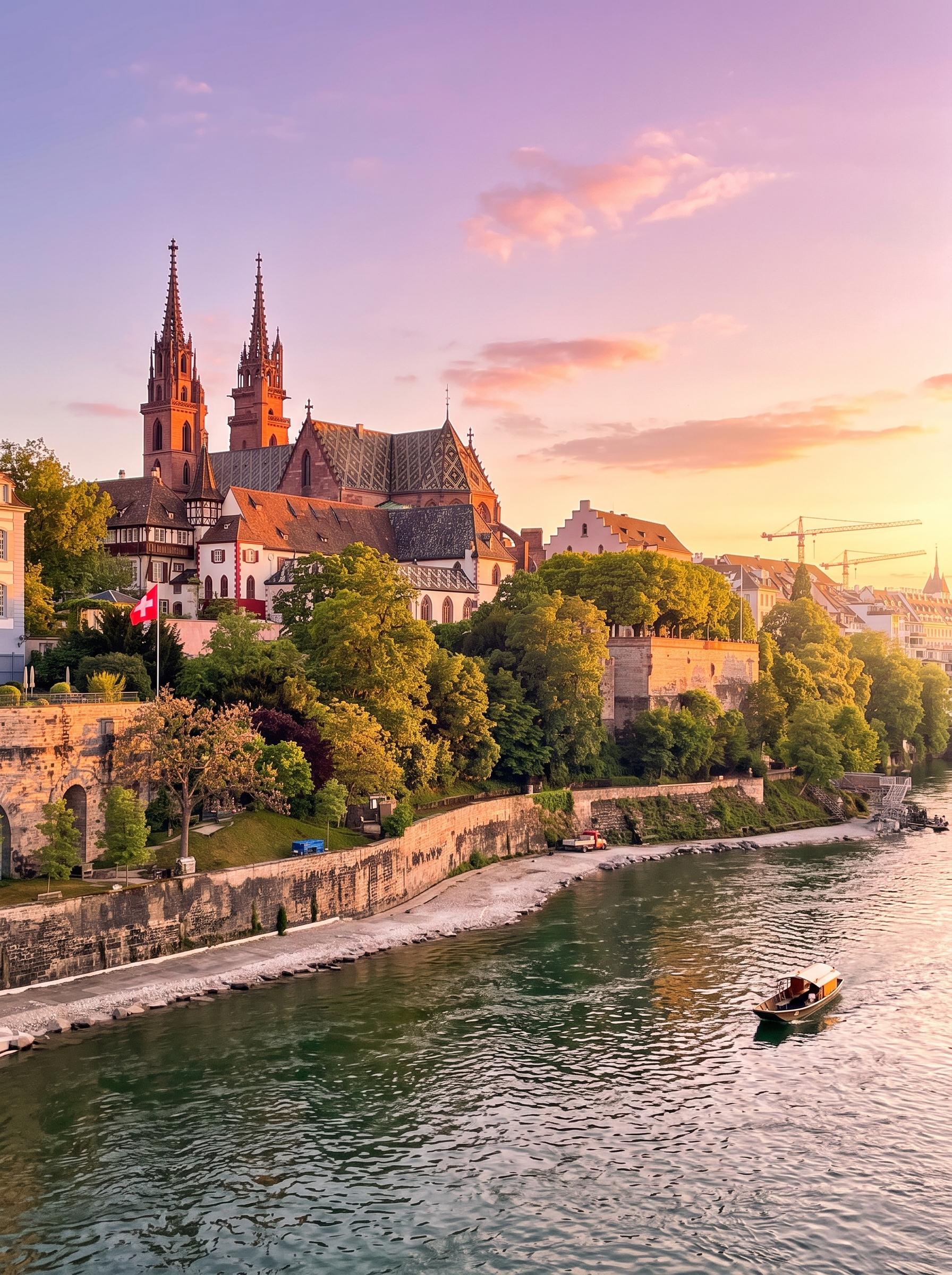 Panoramablick auf die Stadt Basel bei Sonnenuntergang. Der Rhein fliesst im Vordergrund, auf dem ein kleines Holzboot fährt. Am linken Ufer befinden sich alte Steinmauern, grüne Bäume und eine wehende Schweizer Flagge. Im Hintergrund dominieren das imposante Basler Münster mit seinen zwei roten Türmen und die historischen Gebäude der Altstadt. Der Himmel leuchtet in sanften Rosa- und Orangetönen. Graf Bad und Heizung Basel schätzt die Schönheit dieser Stadt.