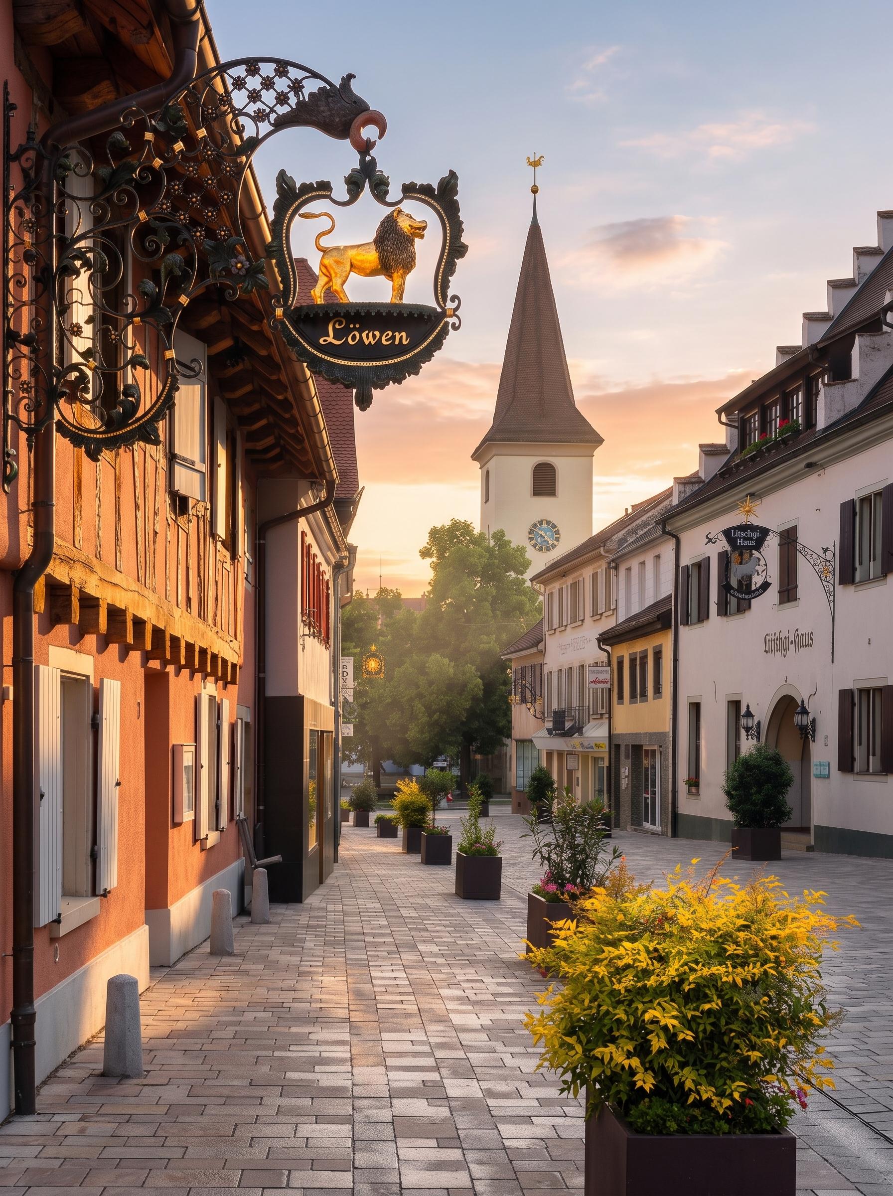 Eine malerische Gasse in Müllheim bei Sonnenaufgang, mit gepflastertem Weg und historischen Gebäuden. Links ein rotes Fachwerkhaus mit einem aufwendigen, schmiedeeisernen Löwen-Schild. Rechts ein weißes Haus mit dem Schild 'Litschgi-Haus'. Im Hintergrund ist ein Kirchturm mit Uhr vor einem orange-blauen Himmel zu sehen. Entlang der Gasse stehen moderne Pflanzkübel mit grünen und gelben Pflanzen, die das idyllische Stadtbild für Graf Bad und Heizung Müllheim vervollständigen.