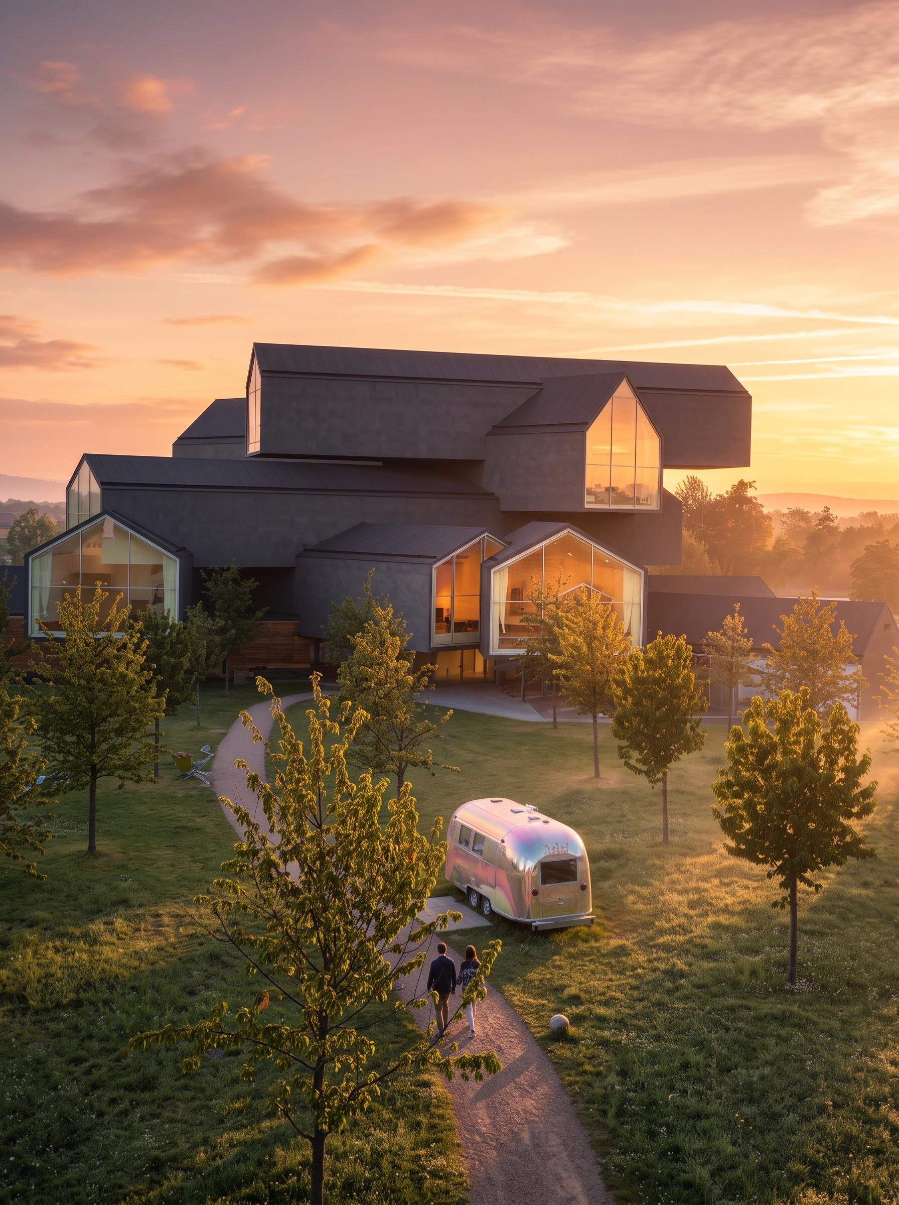 Weitläufiger Blick auf einen architektonisch einzigartigen Gebäudekomplex aus dunklem Material mit mehreren, kubisch ineinander verschachtelten Baukörpern und großen, giebelförmigen Glasfassaden, die das warme, goldene Licht des Sonnenaufgangs widerspiegeln. Zwei Personen spazieren auf einem gewundenen Schotterweg durch eine grüne Wiesenlandschaft, auf der ein glänzender, silbriger Airstream-Wohnwagen geparkt ist. Die Szene ist von Bäumen, leichtem Bodennebel in der Ferne und einem orange-rosa Himmel geprägt und betont die Ästhetik von Graf Bad und Heizung Weil am Rhein.