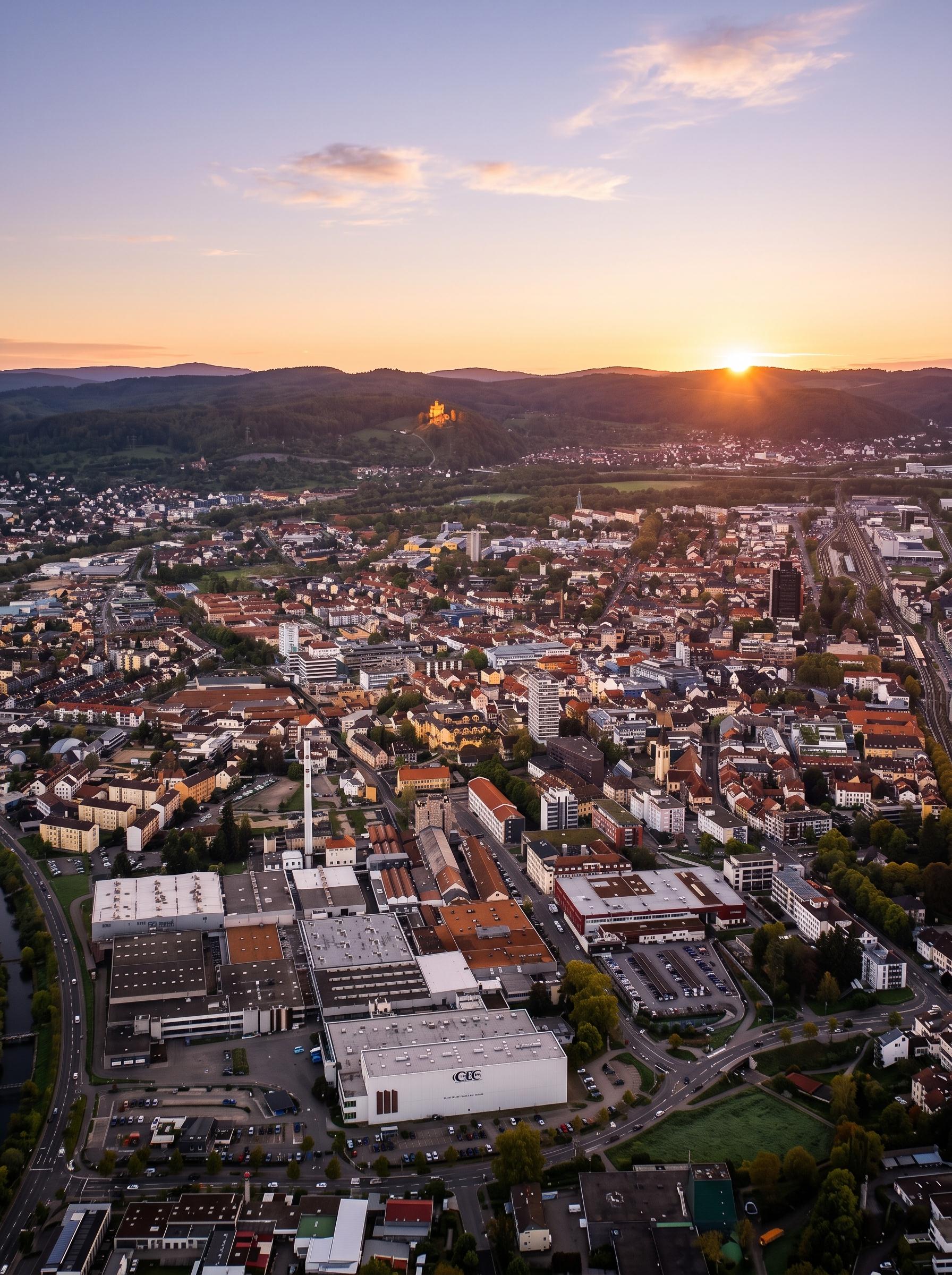 Detaillierte Luftaufnahme der Stadt Lörrach bei Sonnenuntergang. Im Vordergrund sind Industriebauten und Wohngebiete zu sehen, darunter ein großes weißes Gebäude mit der Aufschrift 'CBE'. Links schlängelt sich ein Fluss durch die Landschaft. Im Mittelgrund erstreckt sich die Stadt mit ihren roten Dächern und einer Kirche. Rechts verlaufen Bahnlinien. Im Hintergrund thront die beleuchtete Burg Rötteln auf einem bewaldeten Hügel, während die Sonne am Horizont über den Bergen untergeht und den Himmel in warmen Farben taucht. Graf Bad und Heizung Lörrach ist als Teil dieser Stadtumgebung.