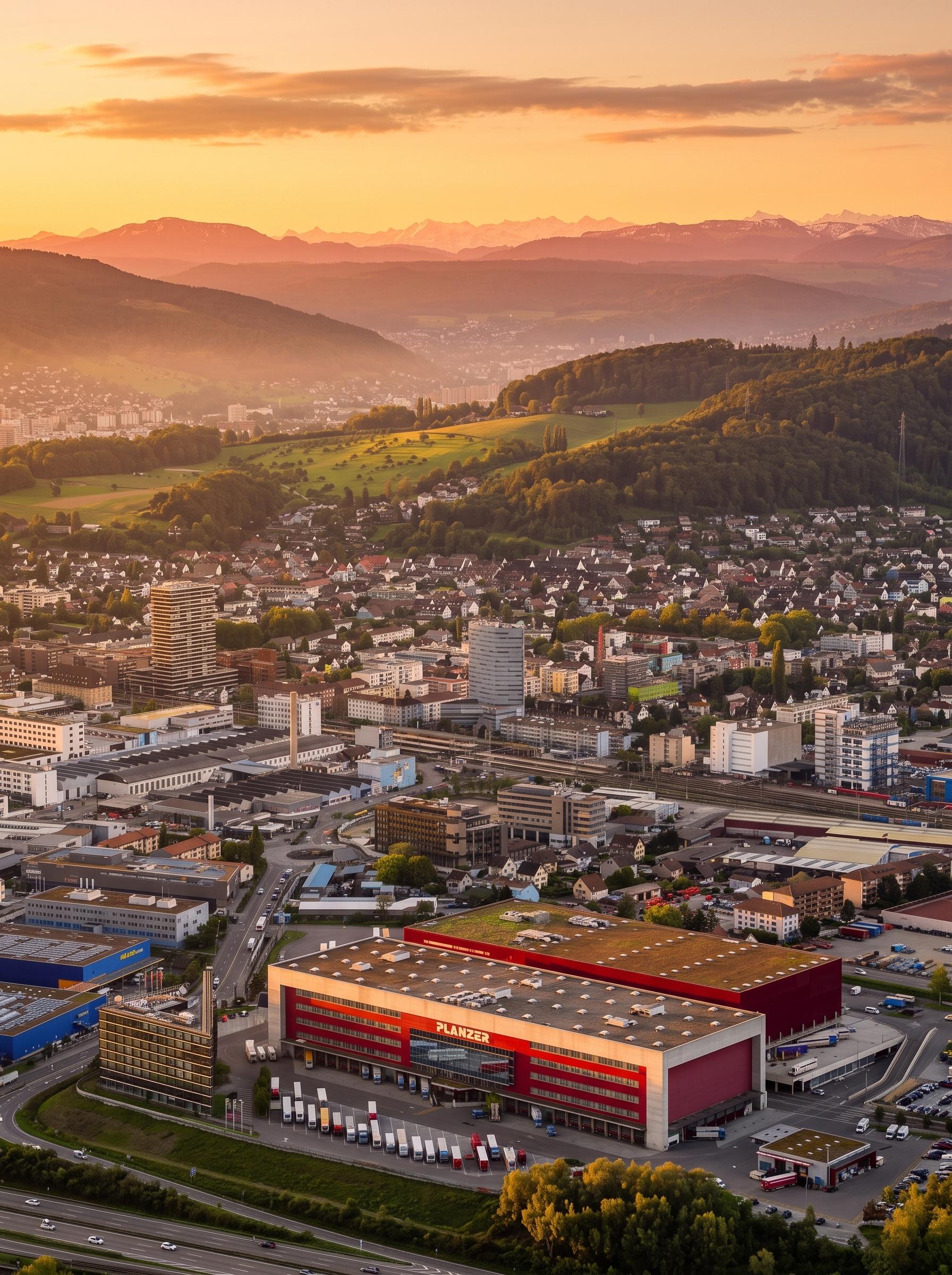Luftaufnahme der Stadt Pratteln bei Sonnenuntergang, zeigt ein rotes Logistikzentrum mit Lastwagen und eine Autobahn im Vordergrund. Im Hintergrund sind Wohngebiete, grüne Wälder, Hügel und schneebedeckte Berge unter einem orangefarbenen Himmel sichtbar. Die Szenerie vermittelt ein Gefühl von Urbanität und Natur, passend für die Region Graf Bad und Heizung Baselland.