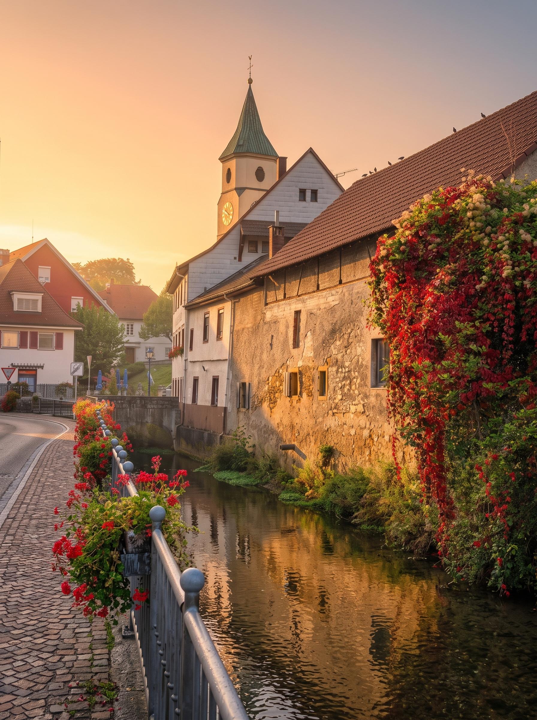 Malerische Gasse in Schliengen bei Sonnenuntergang, mit einem ruhigen Fluss, der an historischen Gebäuden vorbeifließt. Eine alte Steinmauer ist dicht mit leuchtend rotem und grünem Efeu bewachsen. Links verläuft eine gepflasterte Straße mit einem Metallgeländer, das mit roten Geranien bepflanzt ist. Im Hintergrund ragt ein Kirchturm mit einer grünen Zwiebelkuppel und einer Uhr empor. Die friedliche Atmosphäre passt zu Graf Bad und Heizung Schliengen.